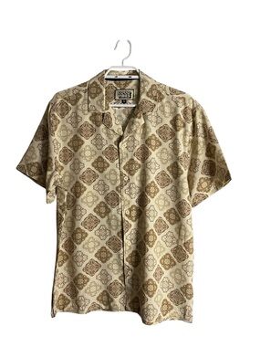 Good Vibes Men’s Beige All-Over Print Short Sleeve Casual Button-Down Shirt